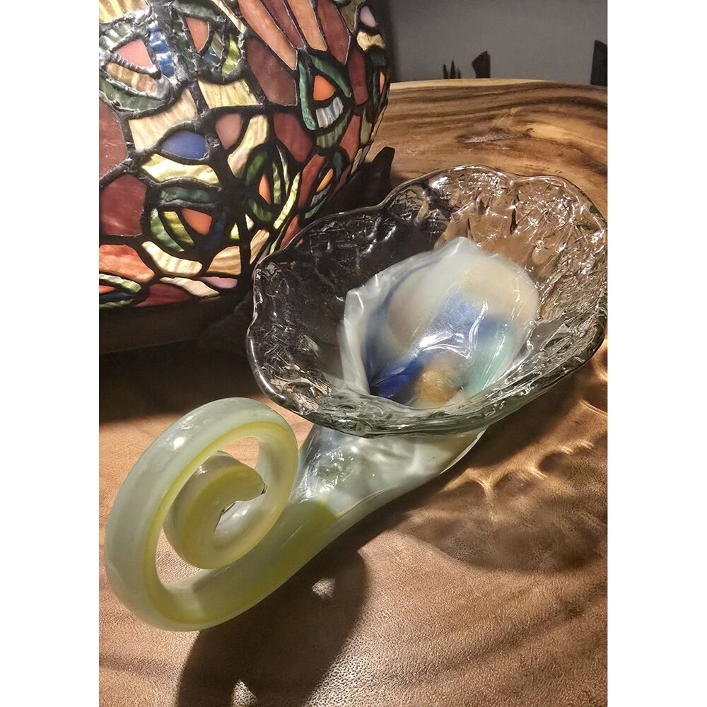Hand Blown Muti Color Swirl Art Glass Cornucopia Horn of Plenty Dish / Candy